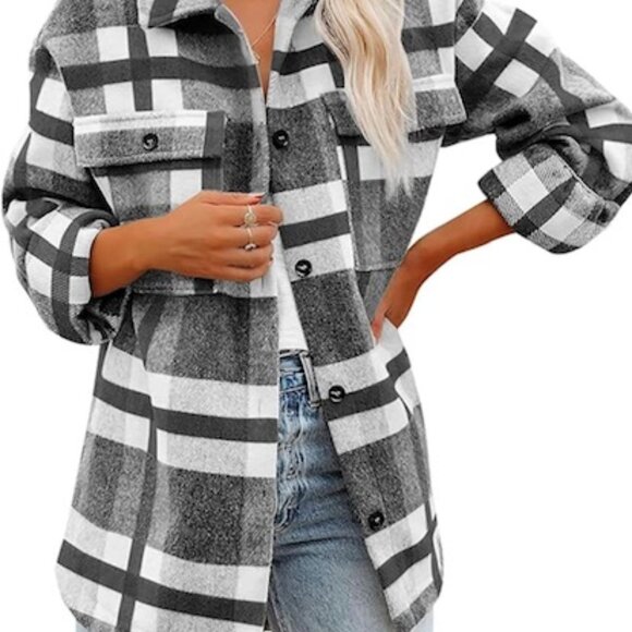 WOMEN OVERSIZED PLAID PATTERN LONG SHACKET GREY - Picture 4 of 7